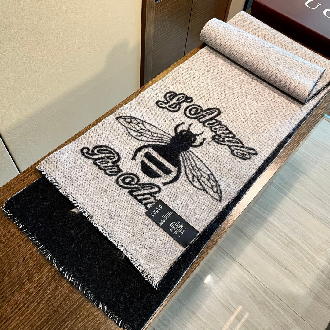 GG Double G Jacquard Scarf 180CM  Black Gray Wool 283098