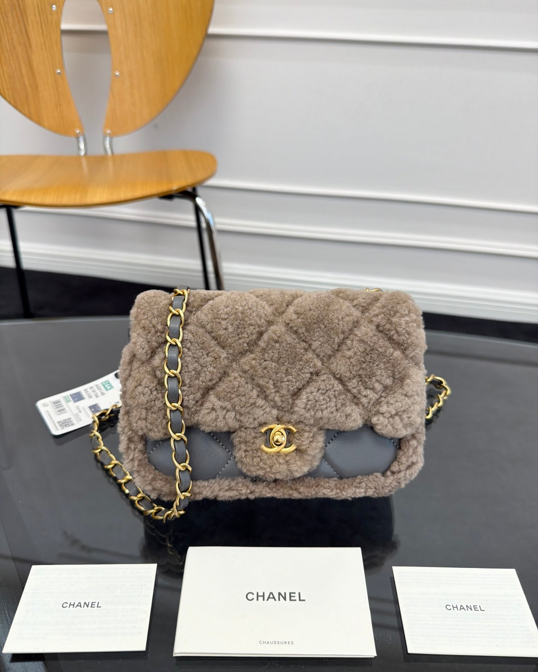 Chane 2026 Flap Bag Grey Beige Shearling Leather