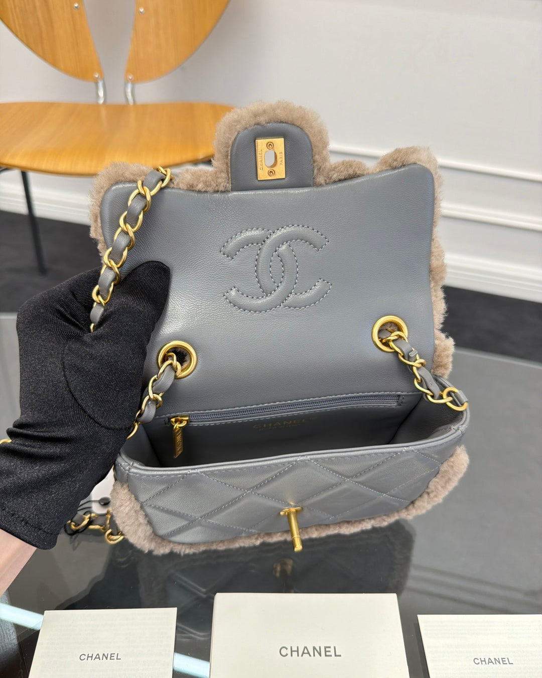 Chane 2026 Flap Bag Grey Beige Shearling Leather