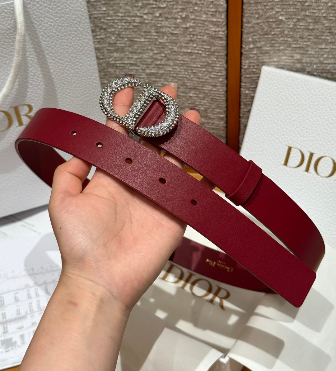 Dior 2026 Rhinestone CD Buckle Belt 25mm Burgundy Cowhide