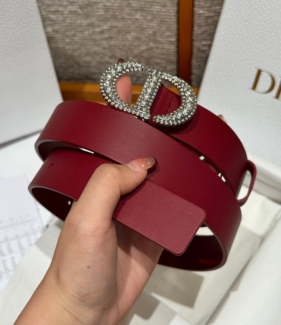 Dior 2026 Rhinestone CD Buckle Belt 25mm Burgundy Cowhide