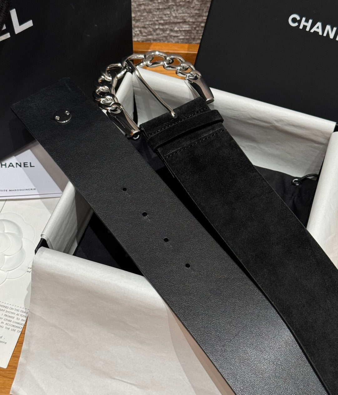 Chanel 2026 Wide Chain Buckle Belt 60mm Suede 207183