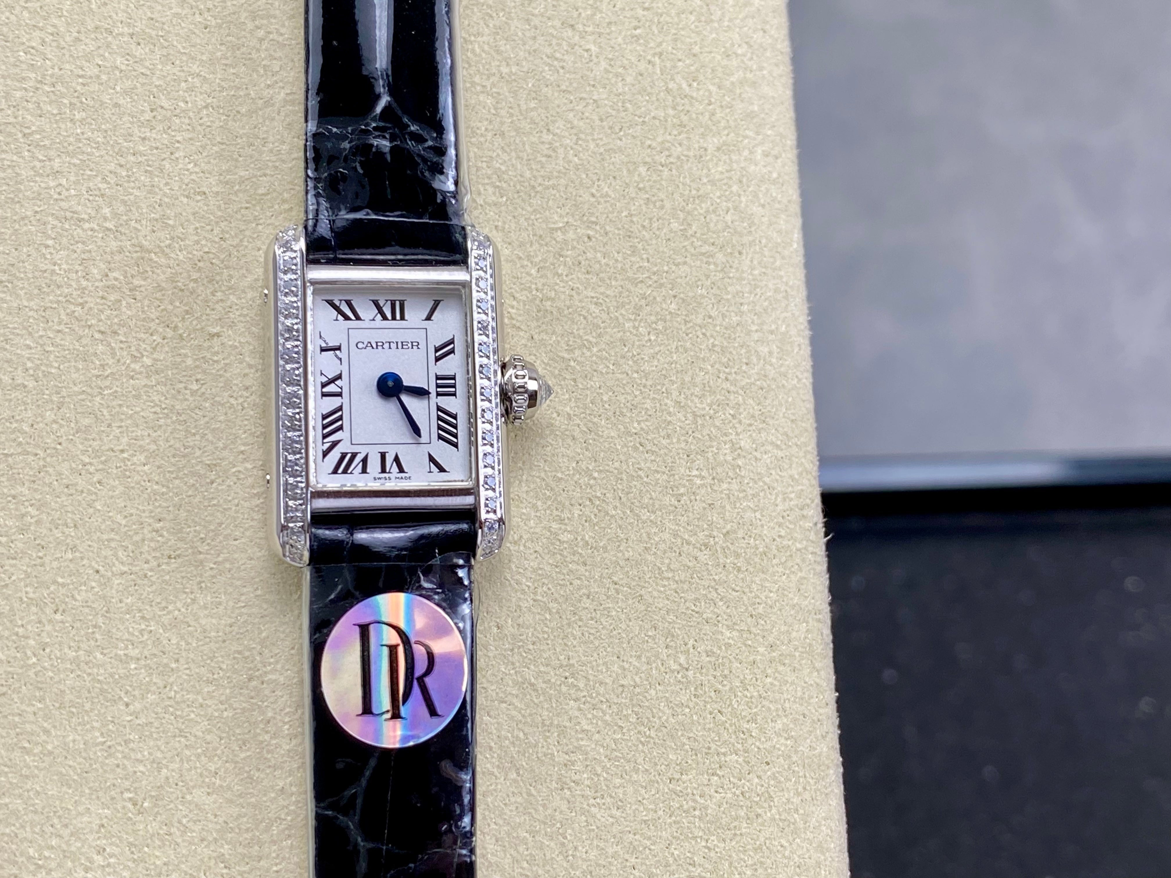 Cartier Tank 24mm White Dial Sliver Case Diamond Bezel Leather