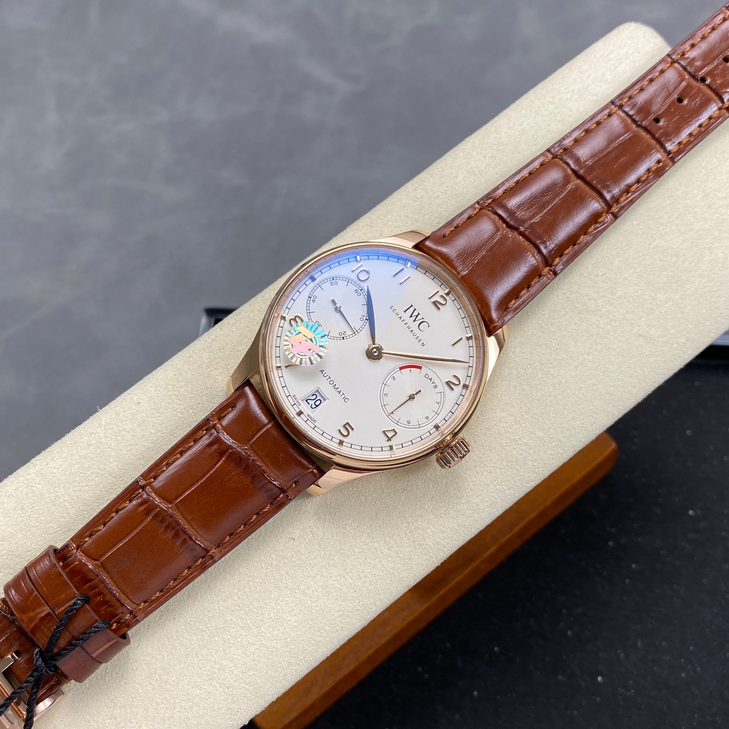 IWC Portuguese 42mm Cream Dial Pink Gold Case Crocodile Leather
