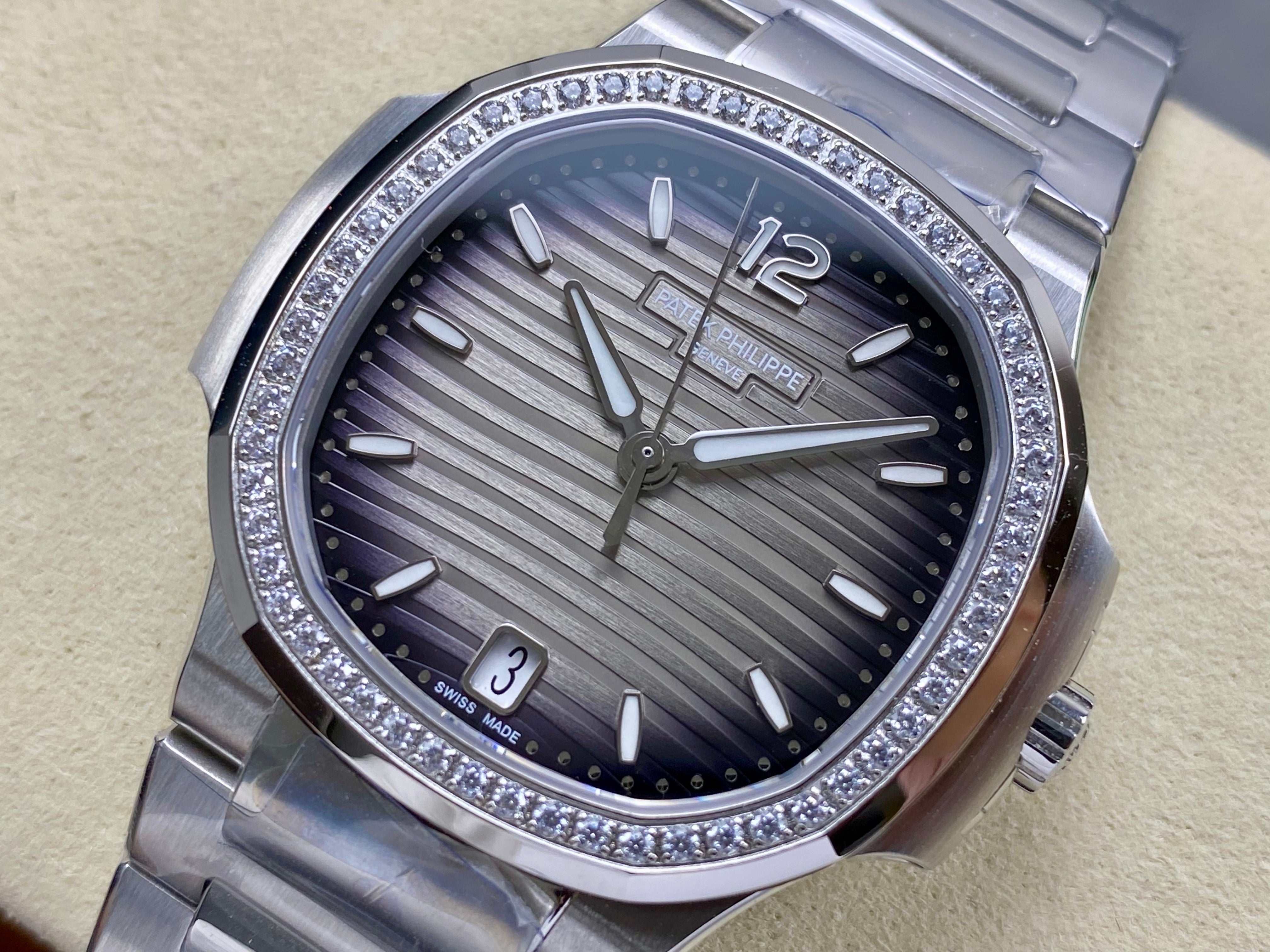 Patek Philippe Nautilus 35mm Black Gray Dial Sliver Case Diamond Bezel