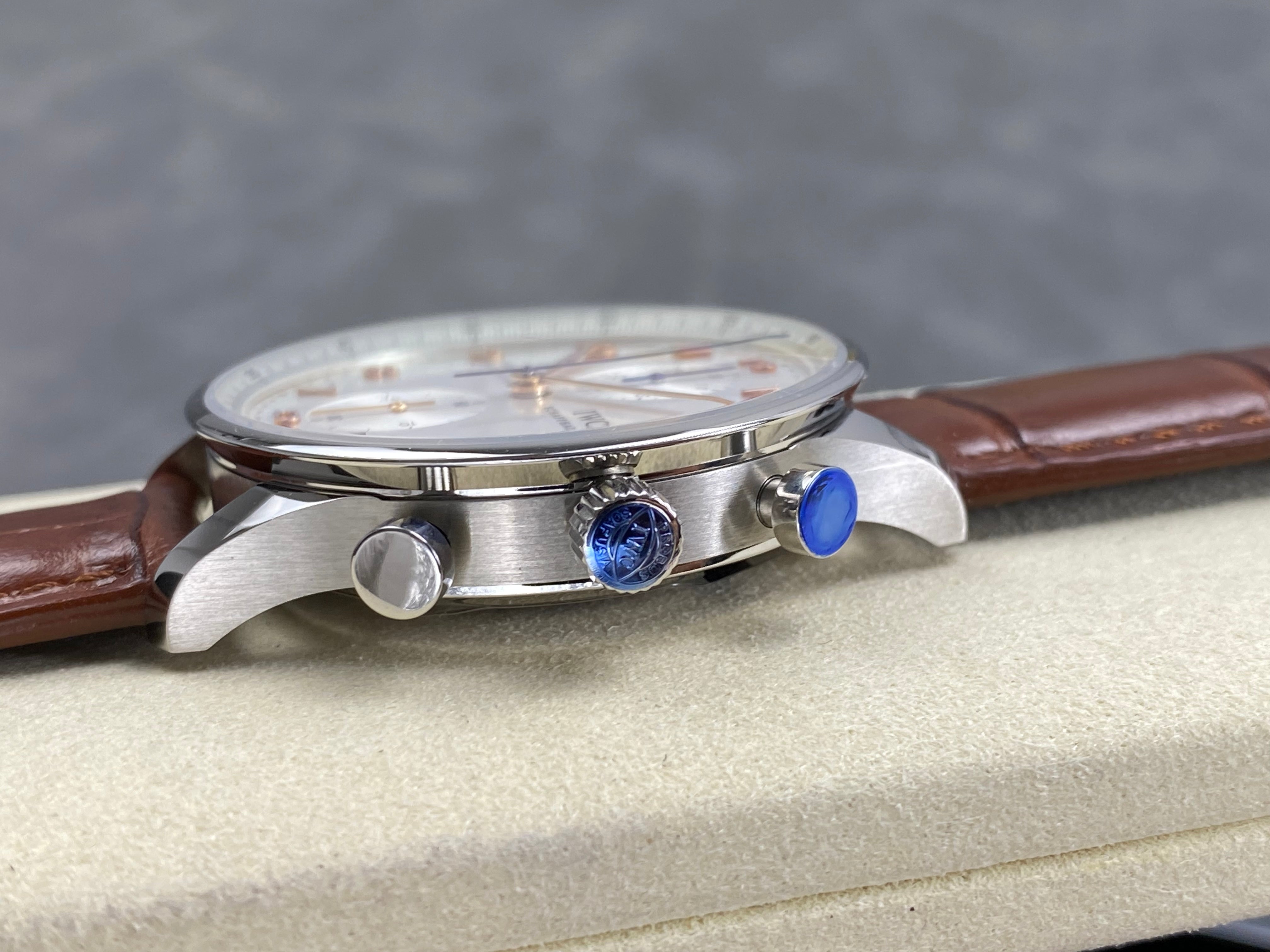 IWC Portuguese Chronograph 41mm White Dial Brown Crocodile Leather Strap