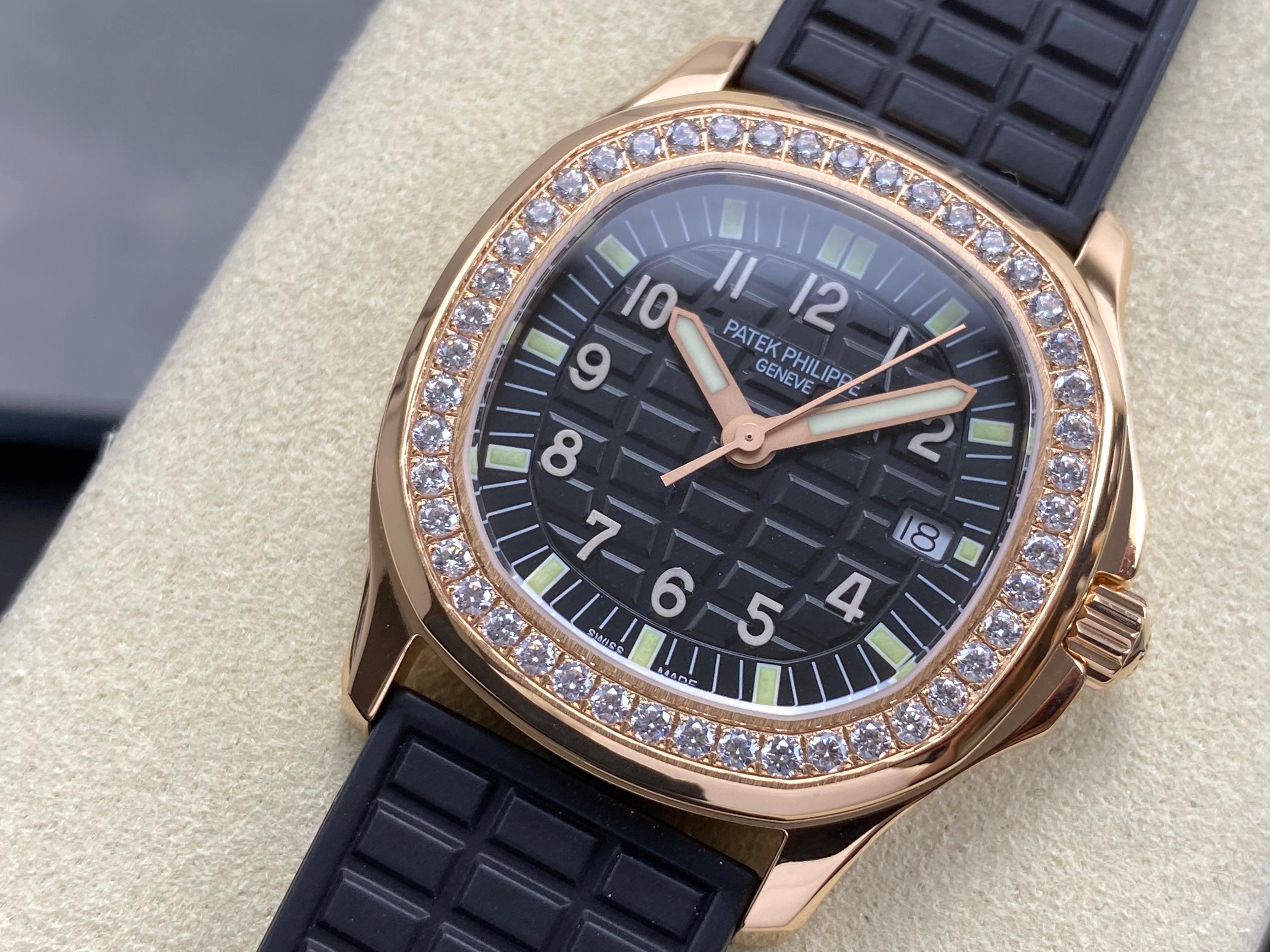 Patek Philippe Aquanaut 36mm Pink Gold Case Diamond Bezel Black Rubber Strap