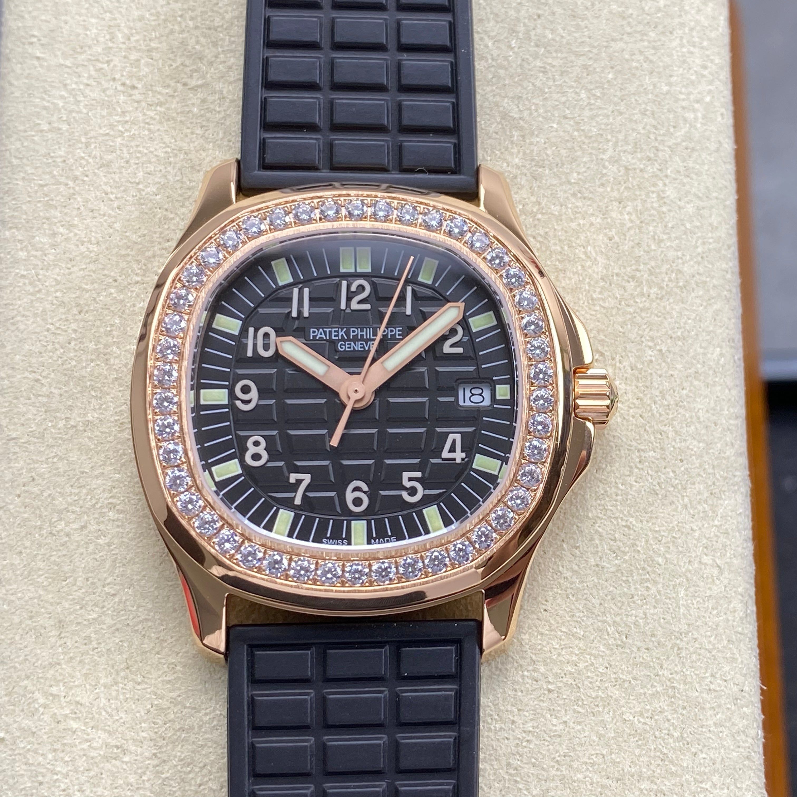 Patek Philippe Aquanaut 36mm Pink Gold Case Diamond Bezel Black Rubber Strap