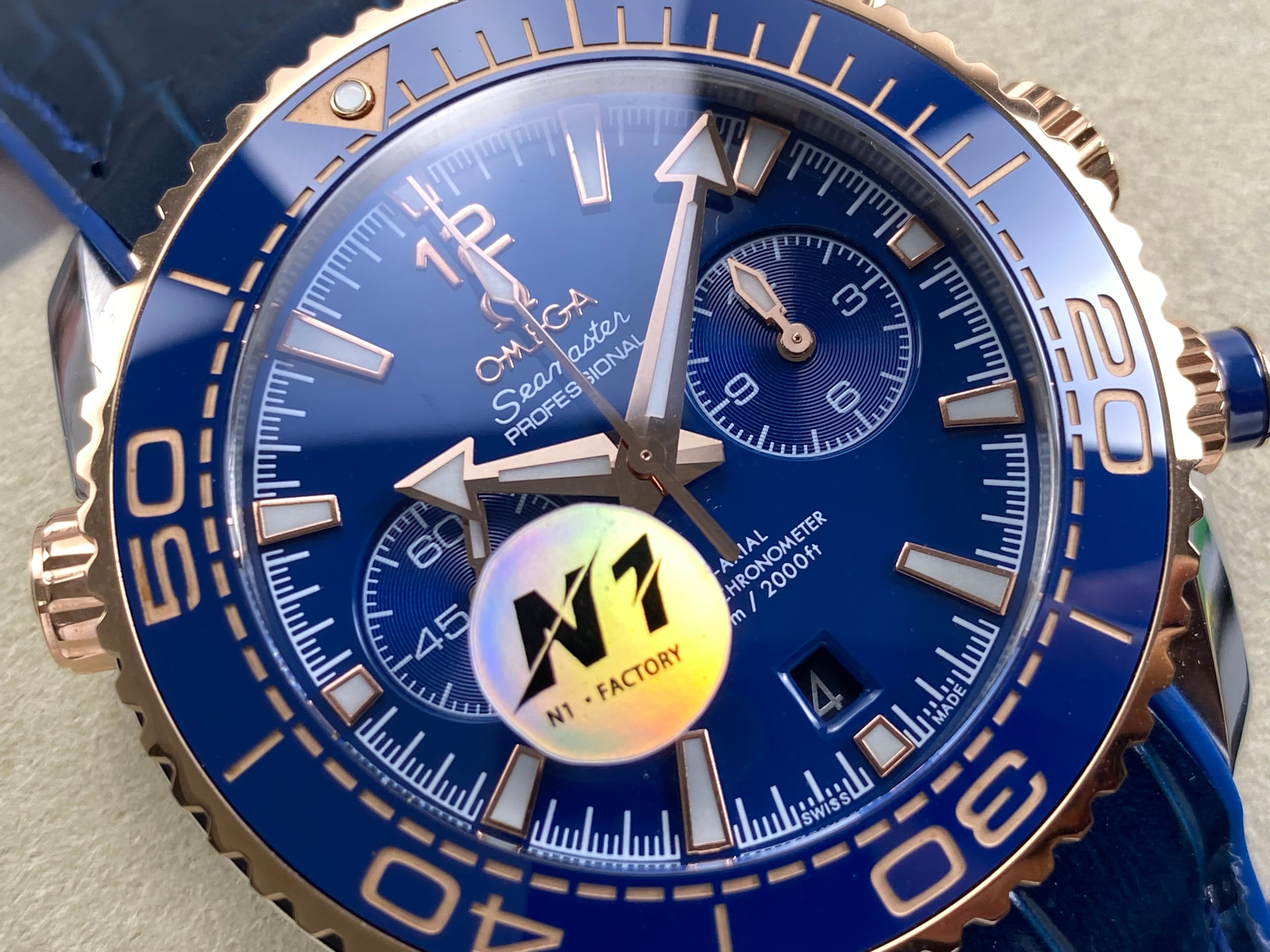 Omega Seamaster 46mm Blue Dial Pink Gold Case Blue Crocodile Leather