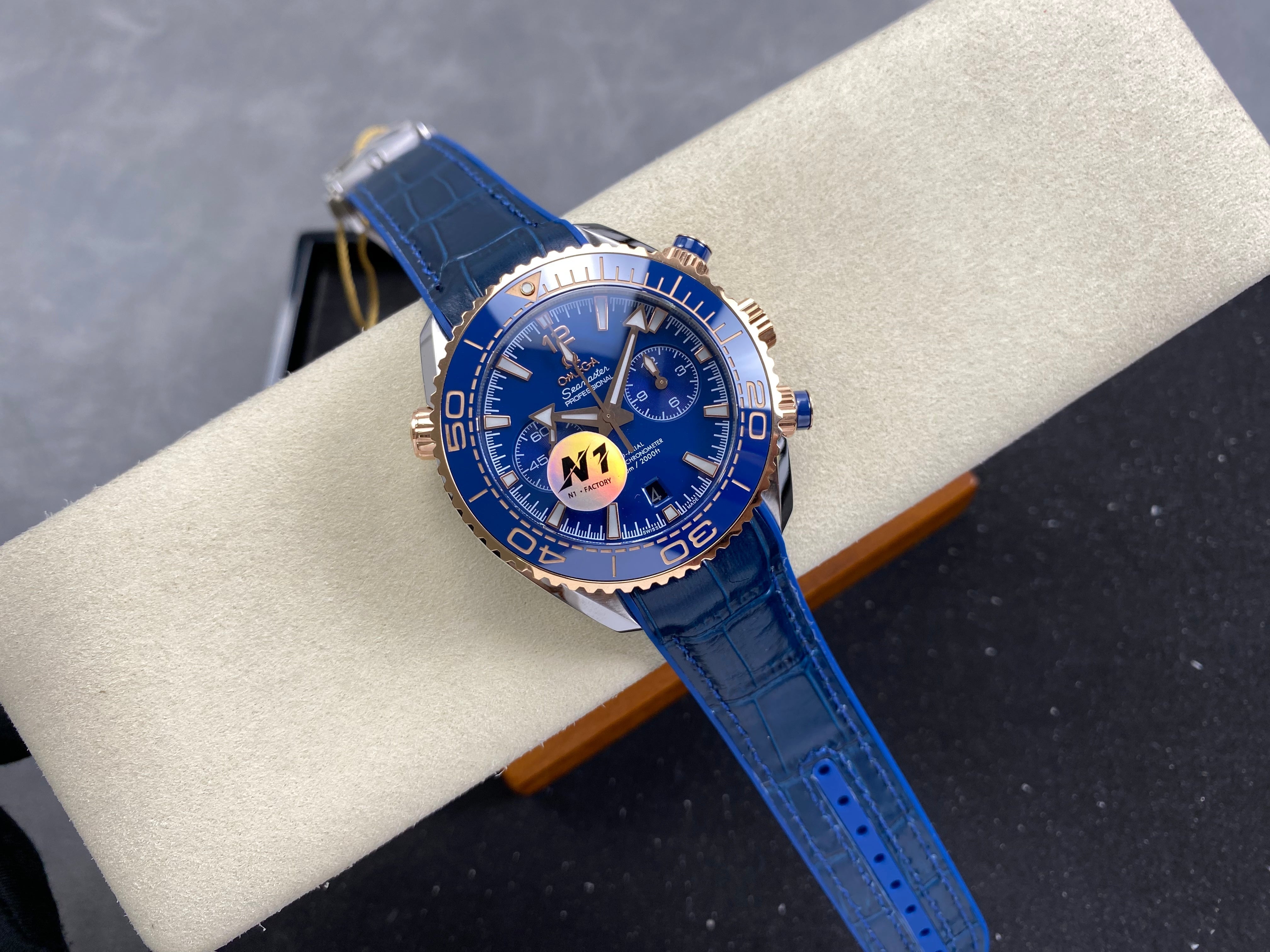 Omega Seamaster 46mm Blue Dial Pink Gold Case Blue Crocodile Leather