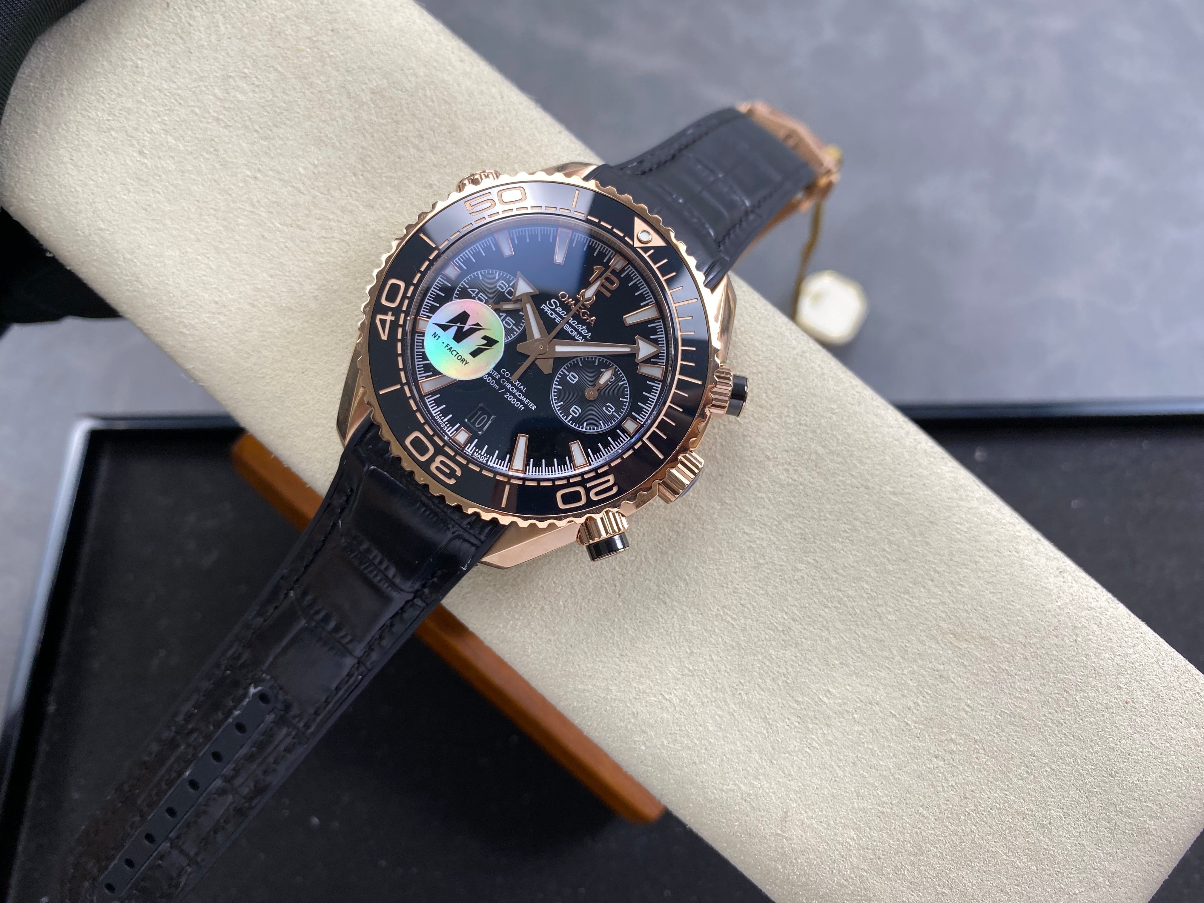 Omega Seamaster 46mm Black Dial Pink Gold Case Leather