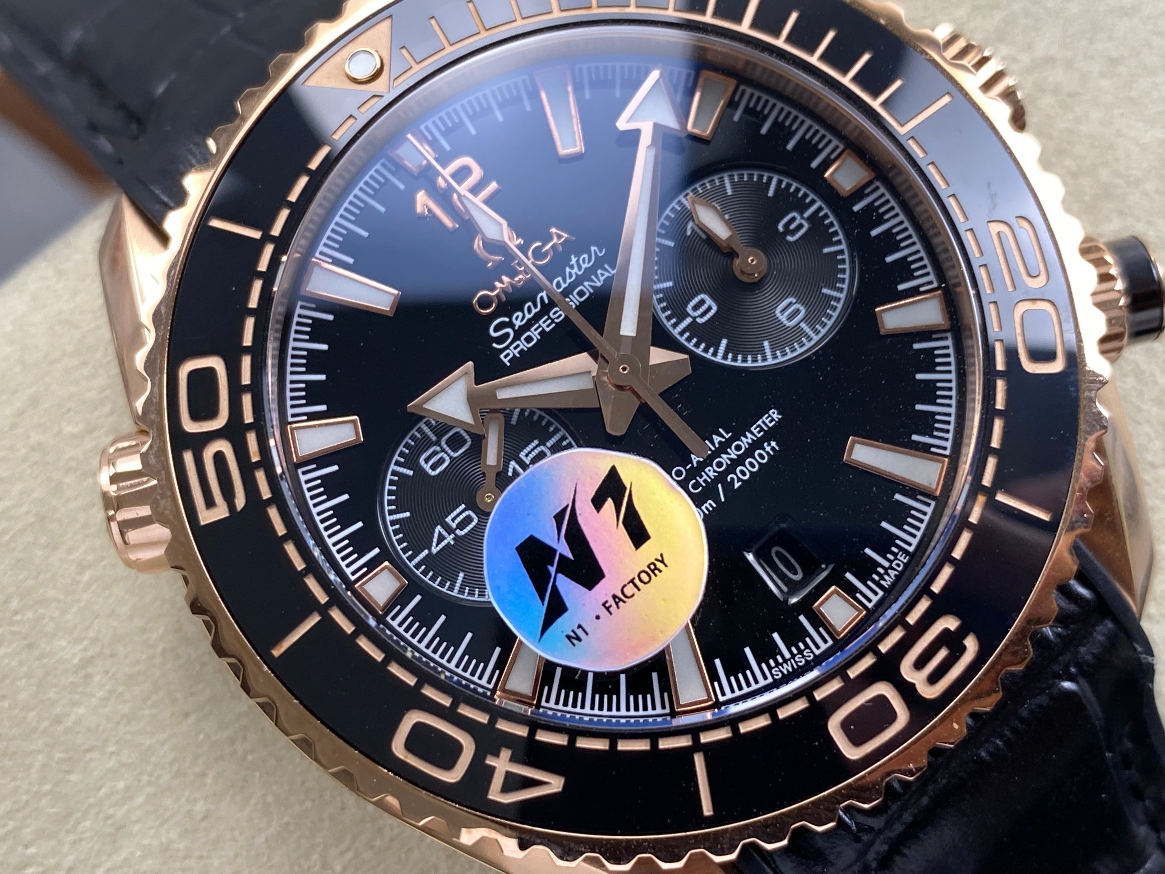 Omega Seamaster 46mm Black Dial Pink Gold Case Leather