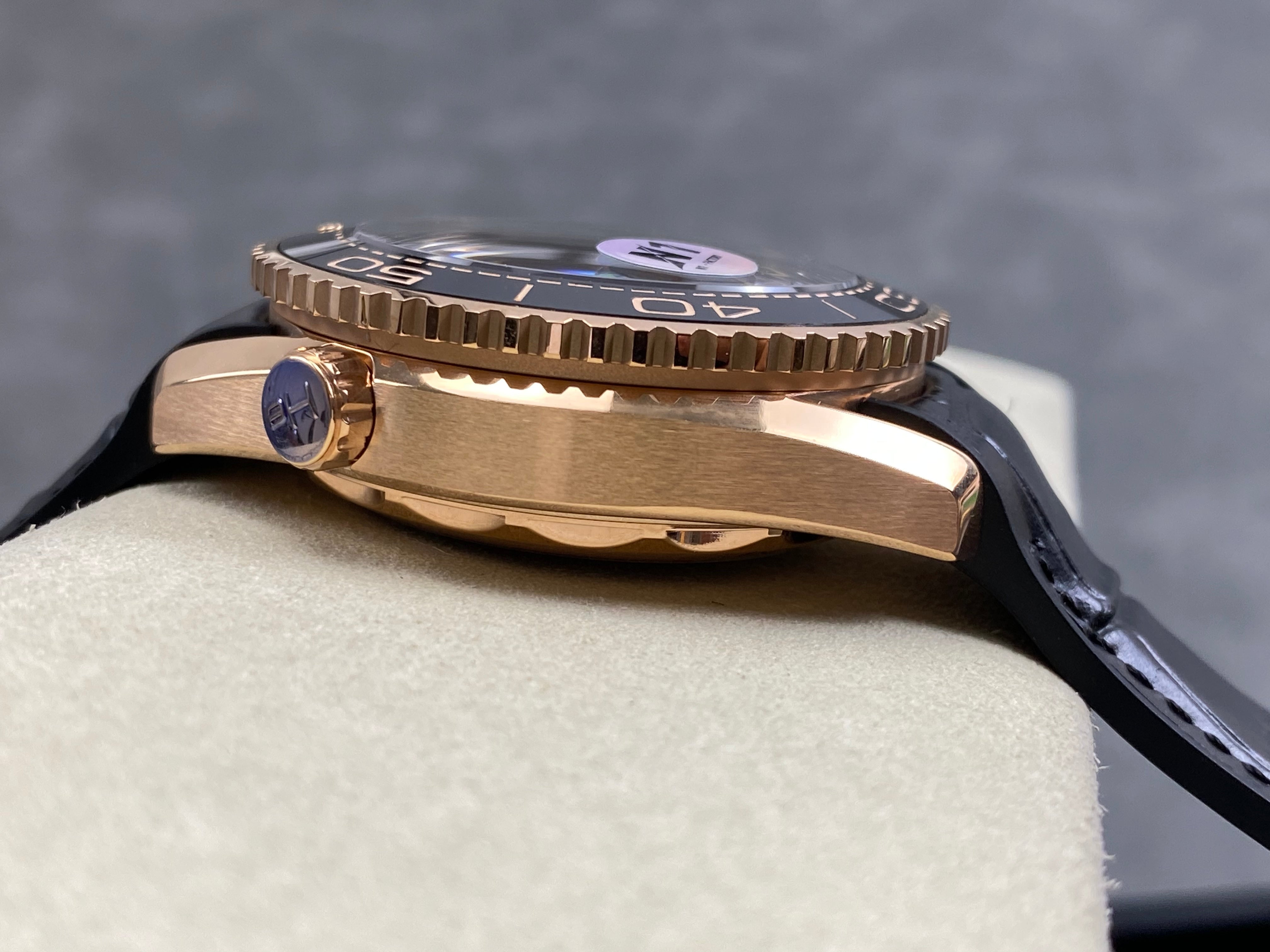 Omega Seamaster 46mm Black Dial Pink Gold Case Crocodile Leather