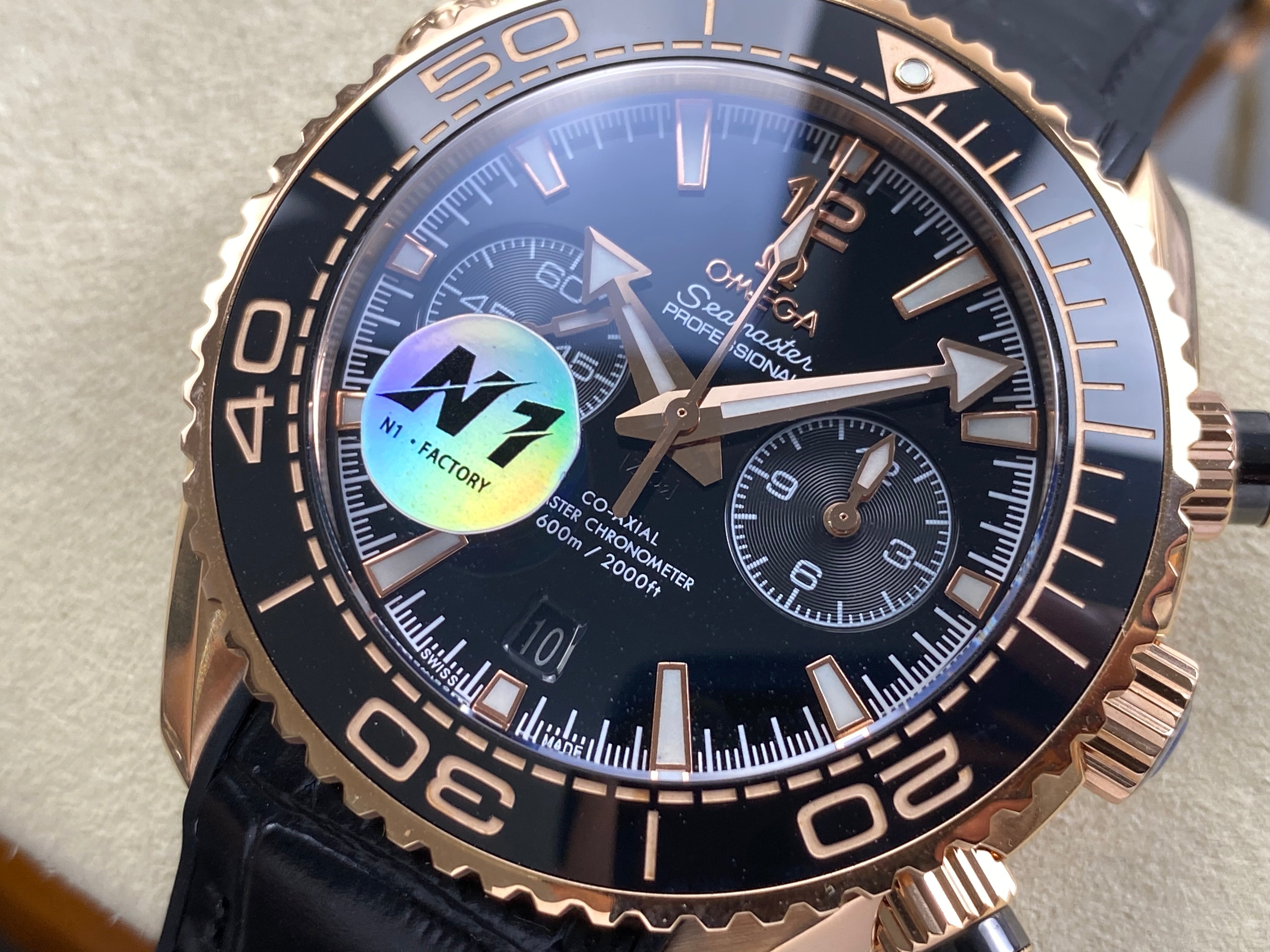 Omega Seamaster 46mm Black Dial Pink Gold Case Leather