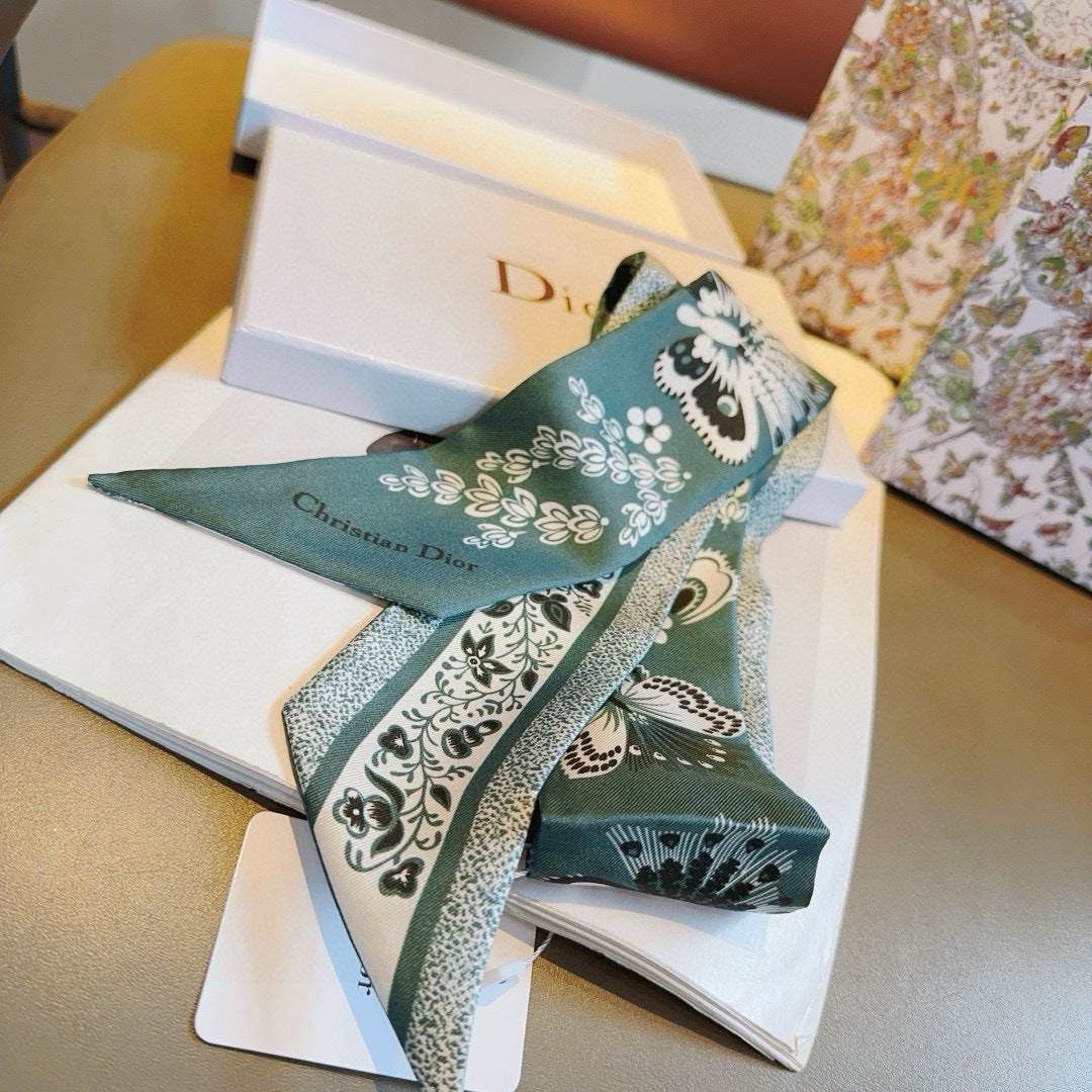 CD Twilly Mini Scarf 105cm Teal Black Mulberry Silk 668640