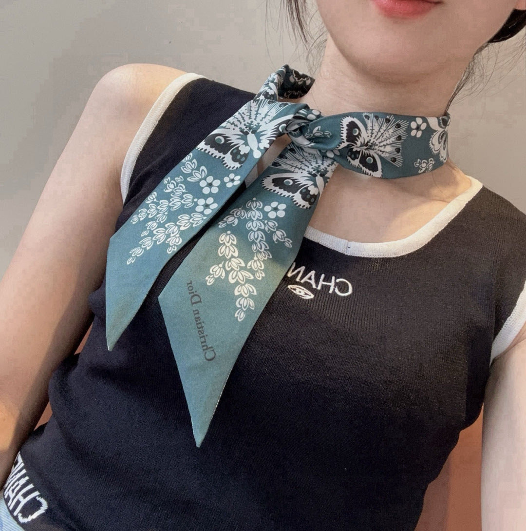 CD Twilly Mini Scarf 105cm Teal Black Mulberry Silk 668640