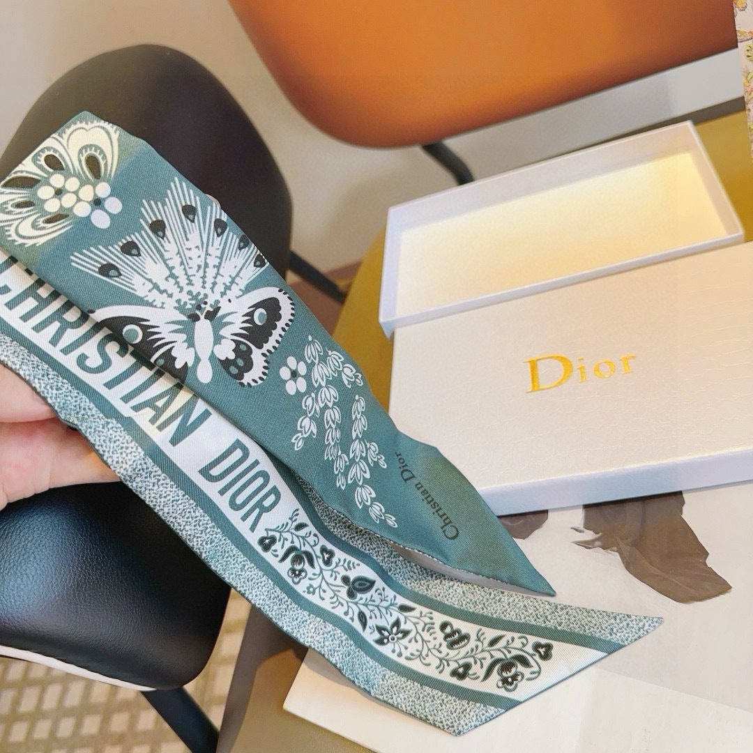 CD Twilly Mini Scarf 105cm Teal Black Mulberry Silk 668640