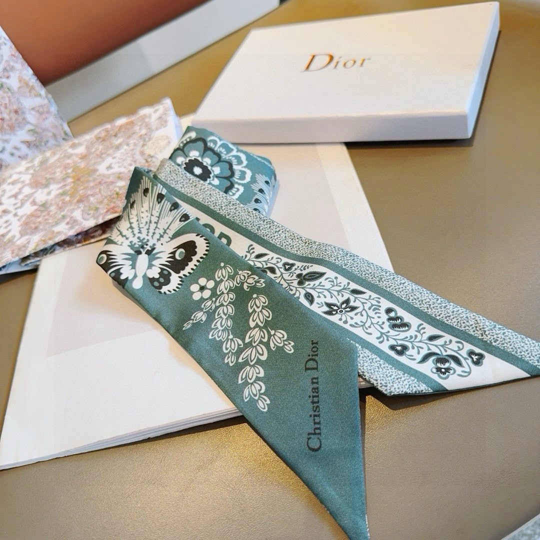 CD Twilly Mini Scarf 105cm Teal Black Mulberry Silk 668640