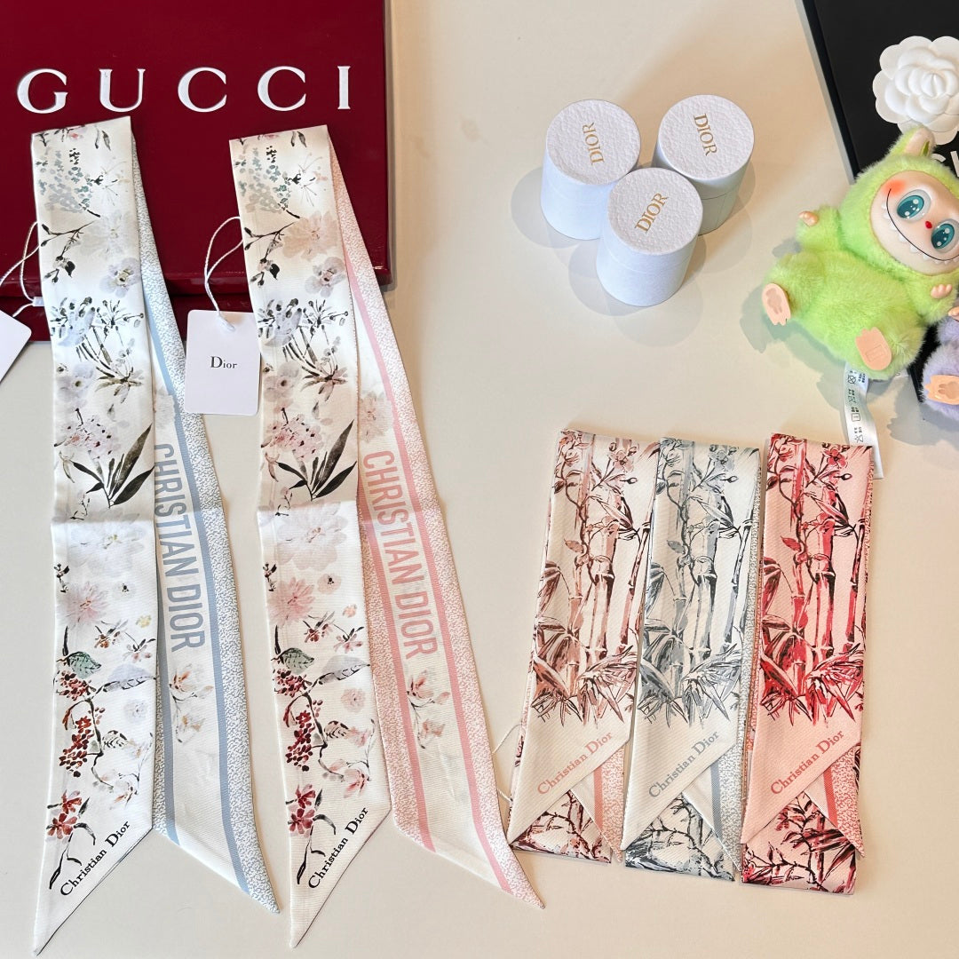 CD Twilly Mini Scarf 105cm White Baby Blue Mulberry Silk 766735