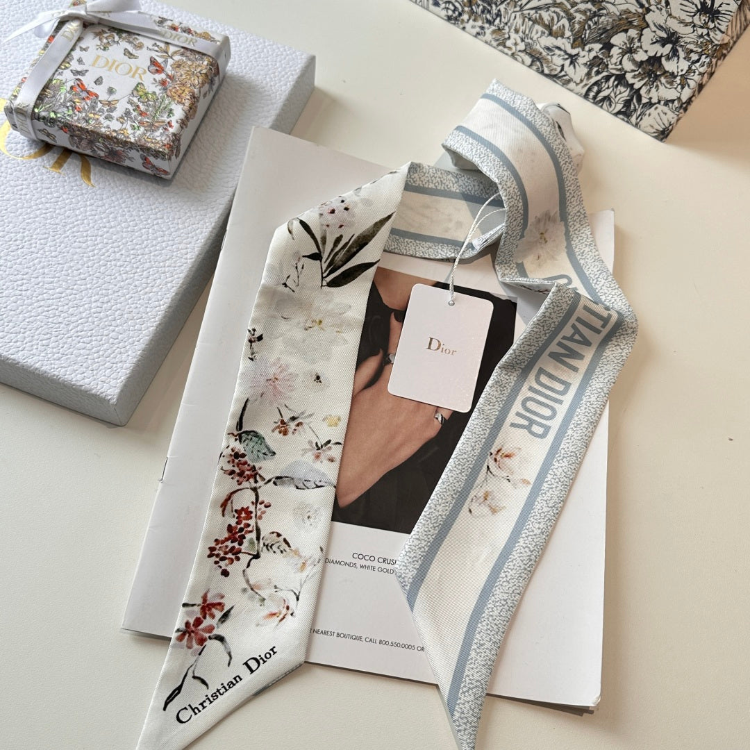 CD Twilly Mini Scarf 105cm White Baby Blue Mulberry Silk 766735