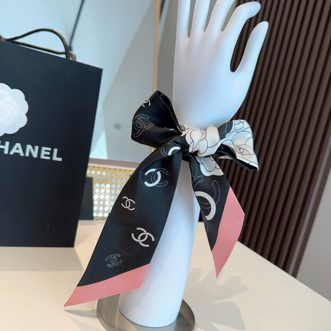 CC  Twilly Mini Scarf 120cm Black Pink Mulberry Silk 953290