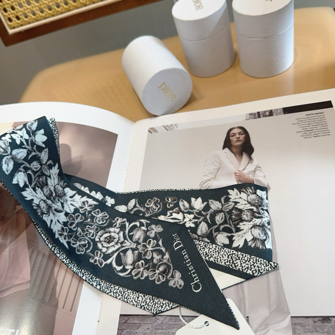 CD Twilly Mini Scarf 120cm Floral Black Mulberry Silk 958866