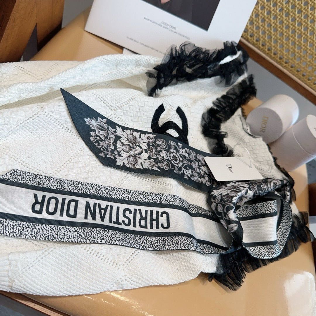 CD Twilly Mini Scarf 120cm Floral Black Mulberry Silk 958866