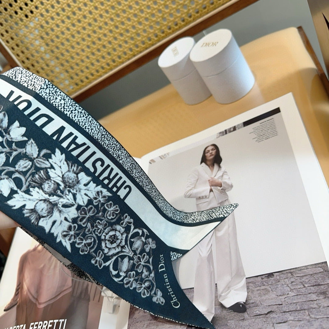 CD Twilly Mini Scarf 120cm Floral Black Mulberry Silk 958866