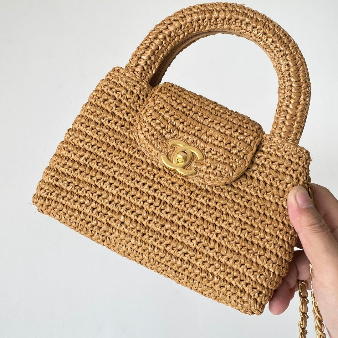 Chanel 25 Bag 19cm Dark Beige Raffia