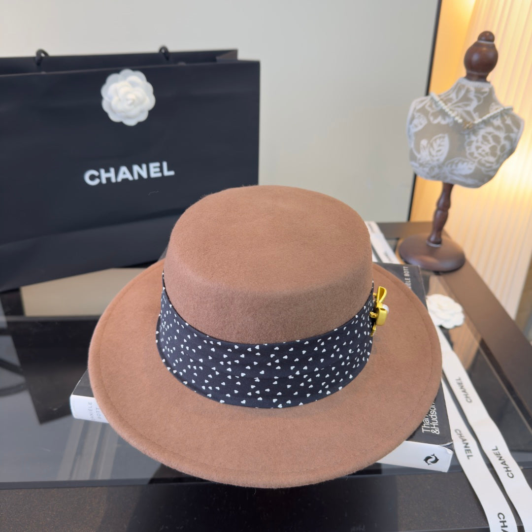 Chanel Polka-Dot Ribbon Cashmere Flat-Top Hat 491493
