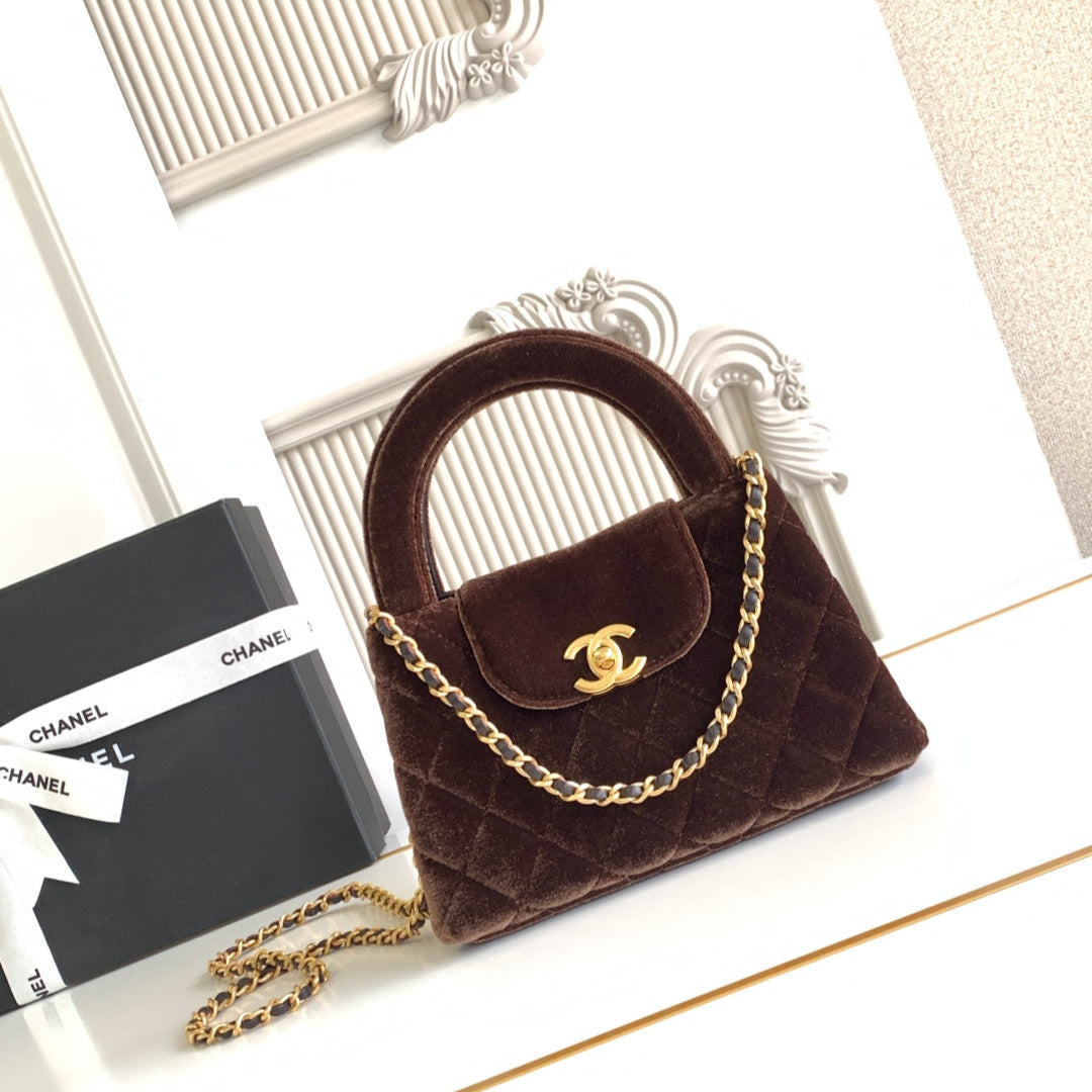 cc 24a nano 19cm kelly shopper bag chocolate brown velvet