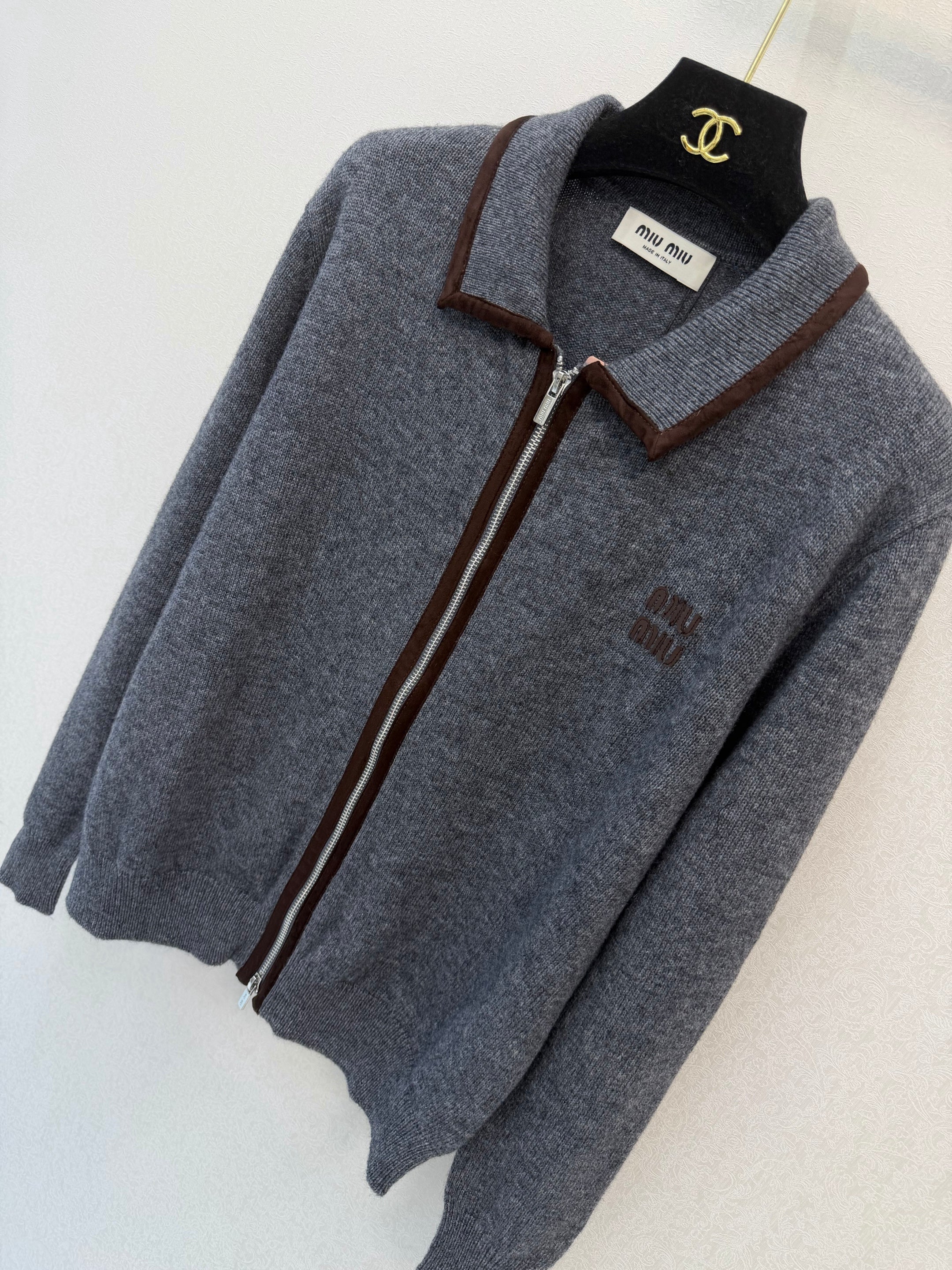 Miumiu 2026 Collared Double-zip Cardigan Grey Wool 425587