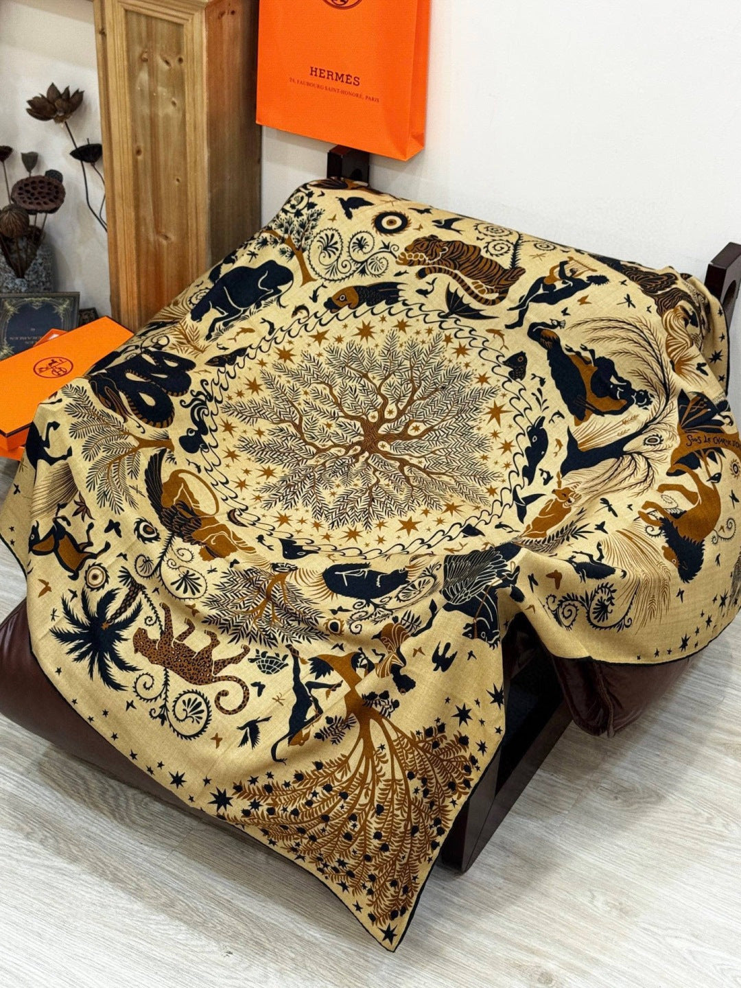 HM 25s Scarf 140cm Black Beige Cashmere Silk 962469