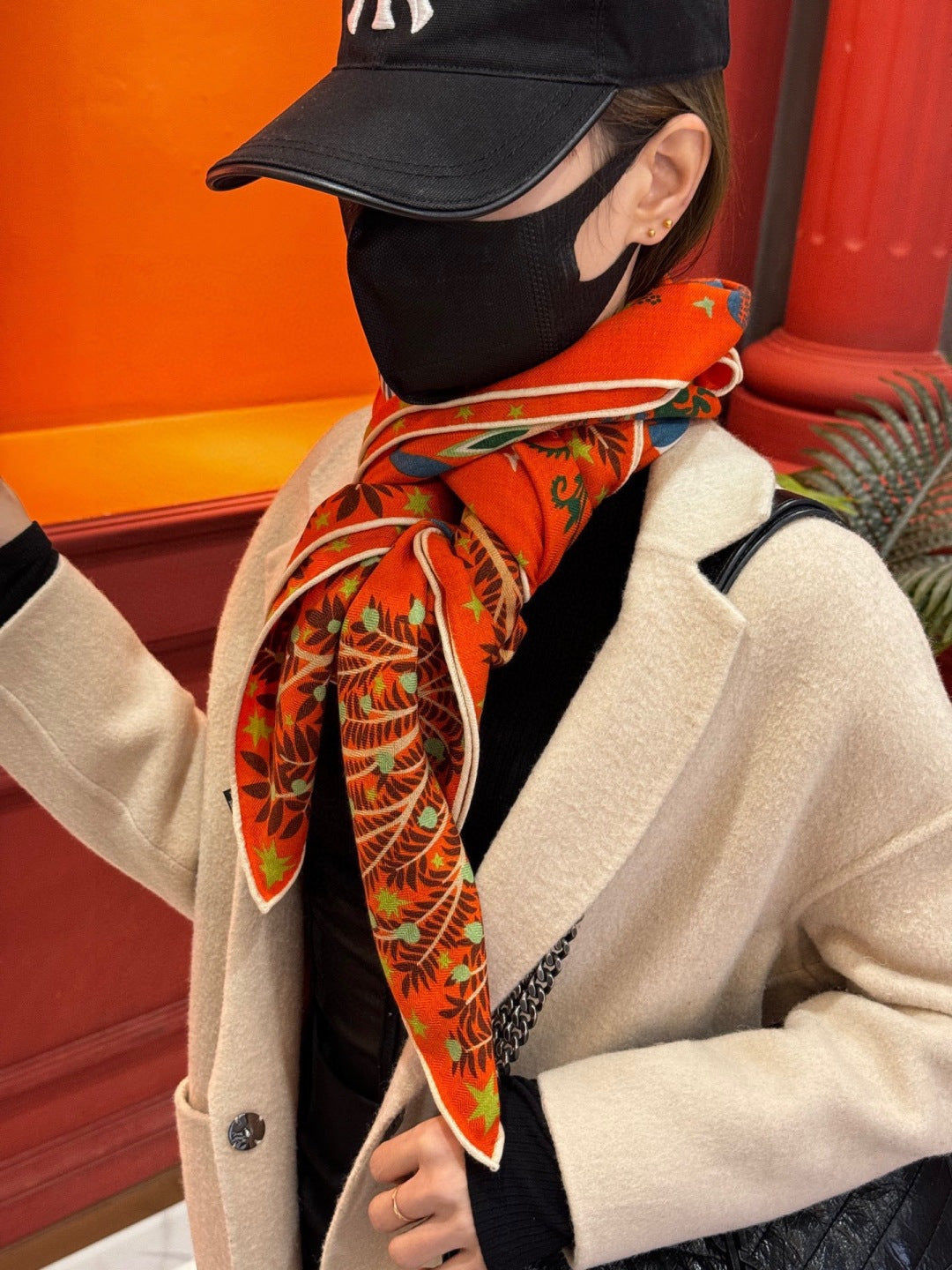 HM 25s Scarf 140cm Orange Colorful Cashmere Silk 962470