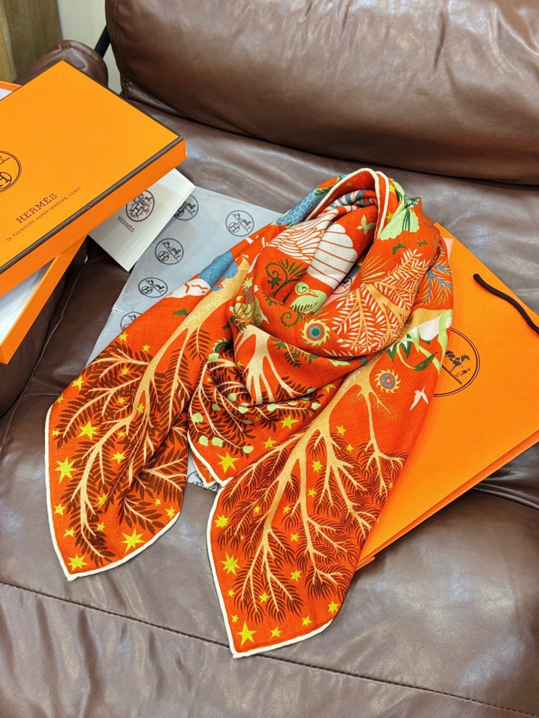 HM 25s Scarf 140cm Orange Colorful Cashmere Silk 962470