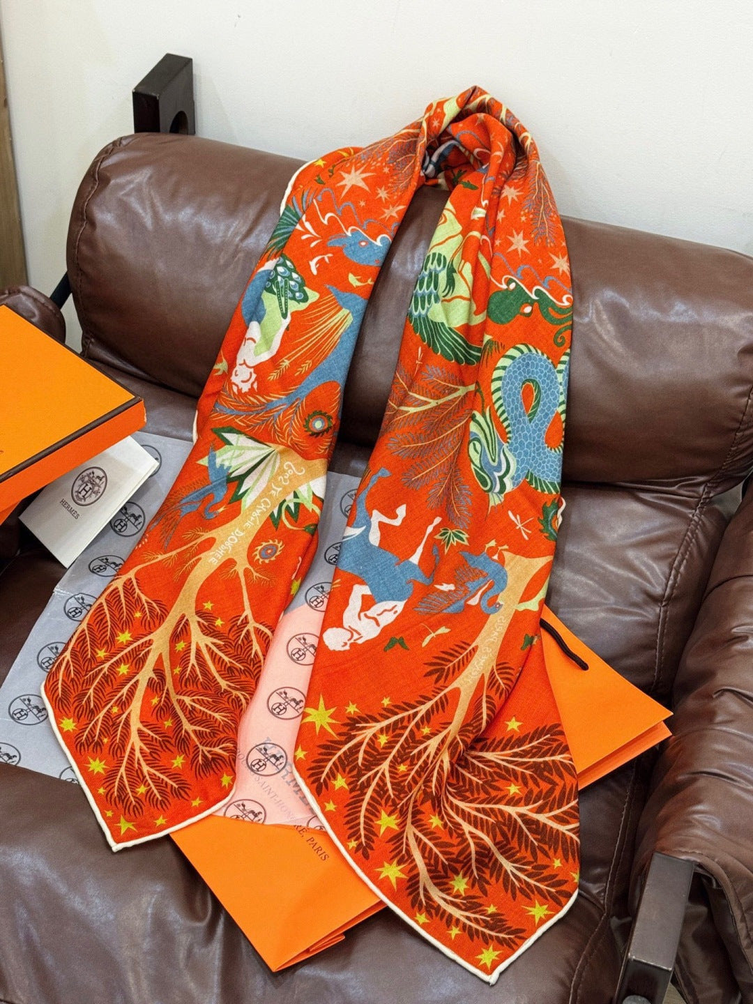 HM 25s Scarf 140cm Orange Colorful Cashmere Silk 962470