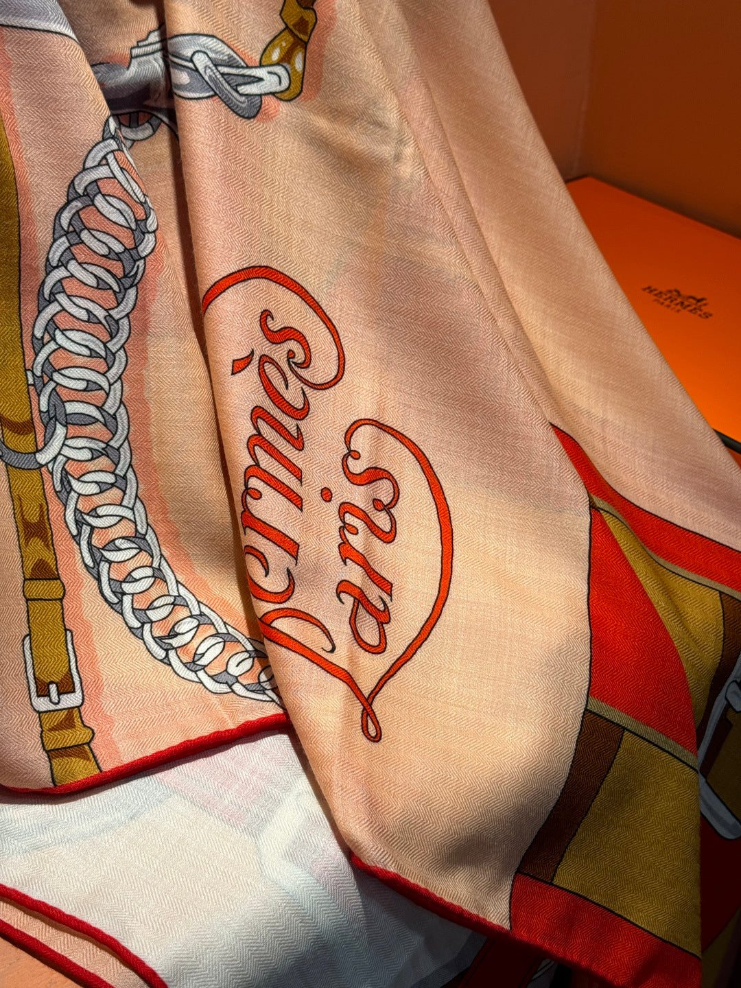 HM 25s Horse Reversible Scarf 140cm Orange Beige Cashmere Silk 967378