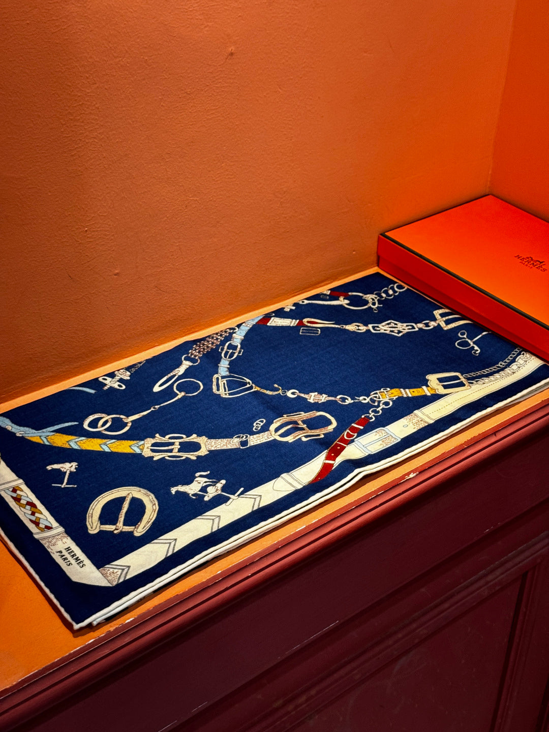 HM 25s Horse Reversible Scarf 140cm Blue Cashmere Silk 967390