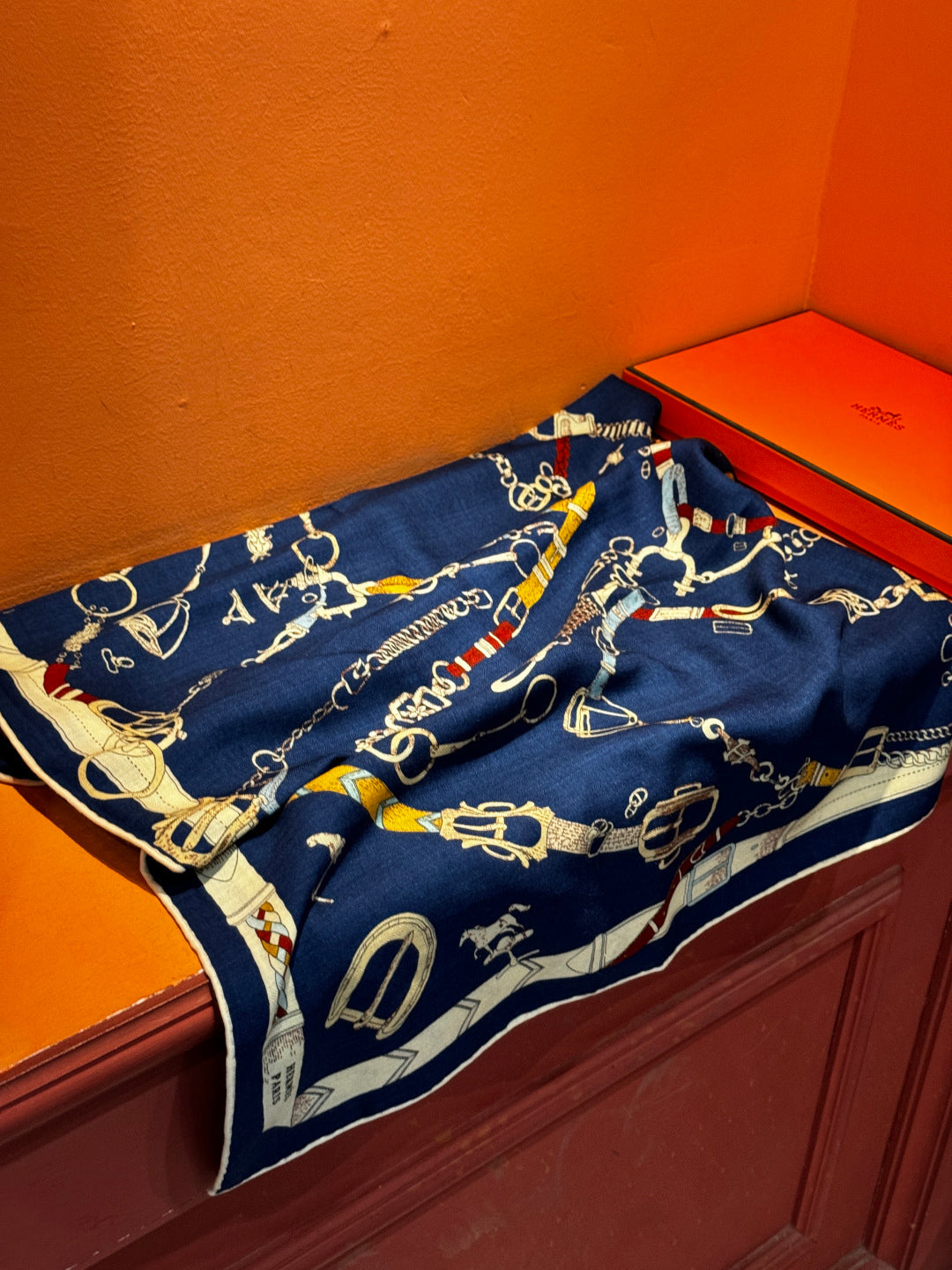 HM 25s Horse Reversible Scarf 140cm Blue Cashmere Silk 967390