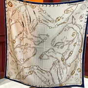 HM 25s Horse Reversible Scarf 140cm Beige Blue Cashmere Silk 967391