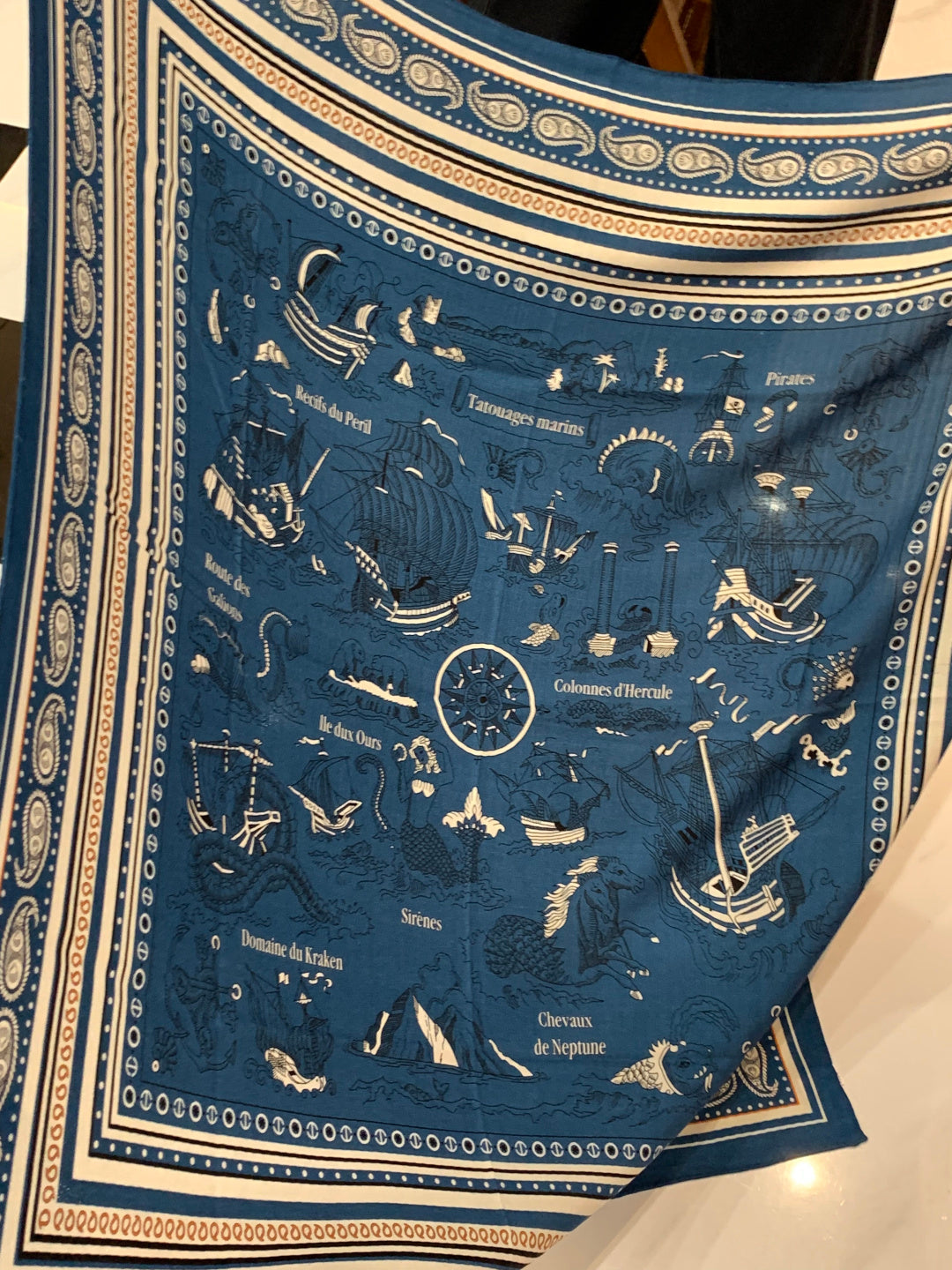 HM 25s Sailor Tattoo Scarf 140cm Dark Blue Beige Cashmere Silk 967415