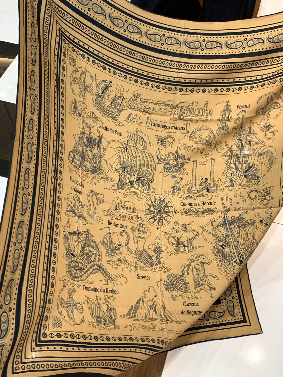 HM 25s Sailor Tattoo Scarf 140cm Dark Beige Black Cashmere Silk 967416