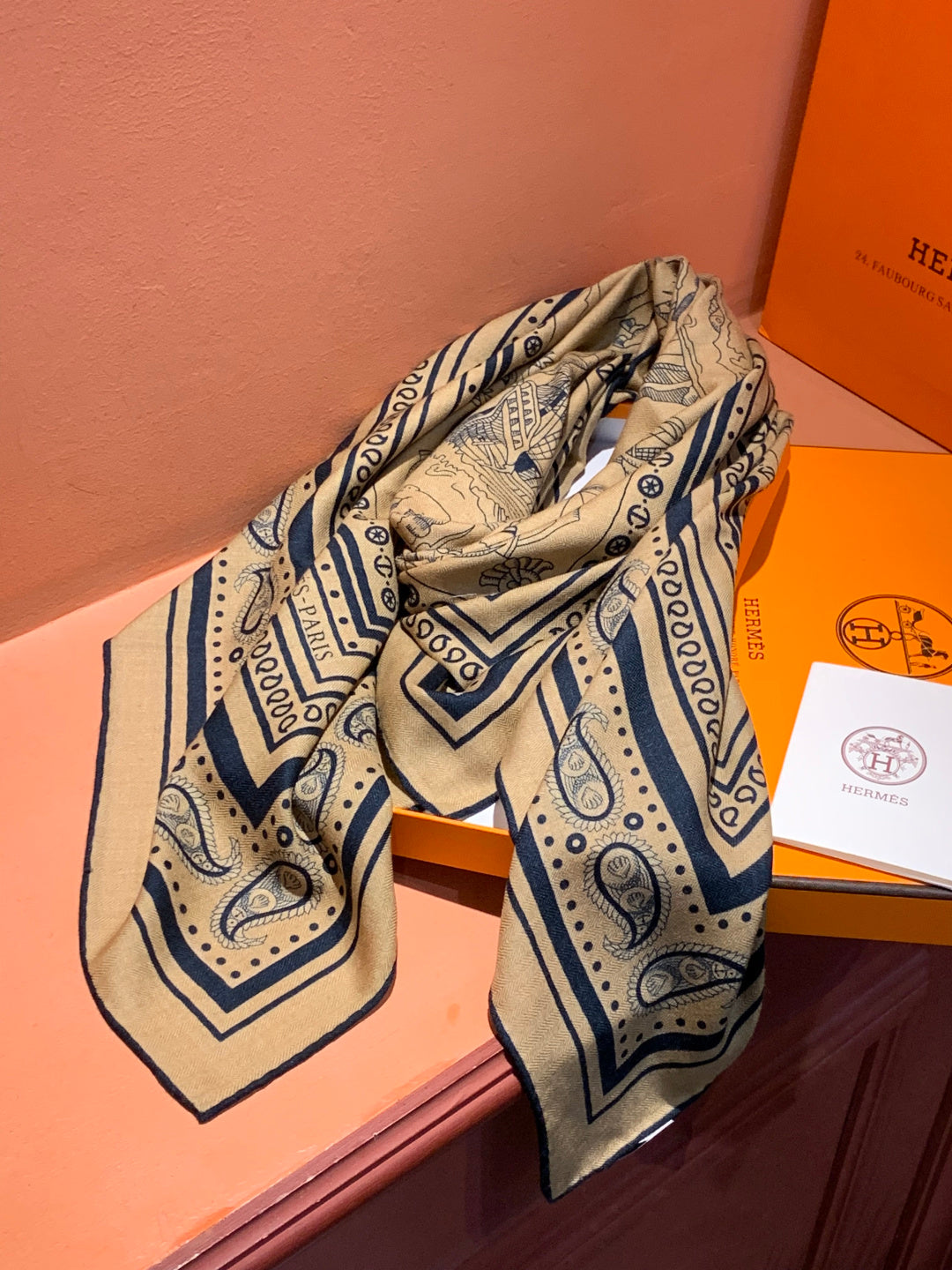 HM 25s Sailor Tattoo Scarf 140cm Dark Beige Black Cashmere Silk 967416