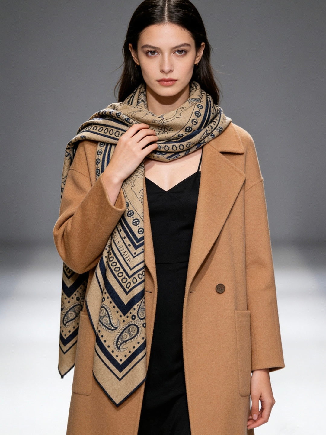 HM 25s Sailor Tattoo Scarf 140cm Dark Beige Black Cashmere Silk 967416