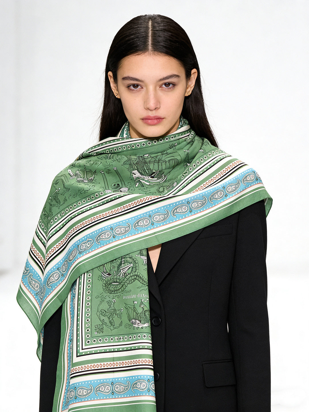 HM 25s Sailor Tattoo Scarf 140cm Green Beige Cashmere Silk 967417