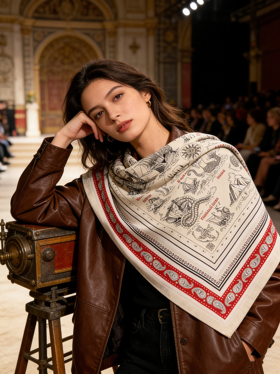 HM 25s Sailor Tattoo Scarf 140cm Red White Black Cashmere Silk 967418