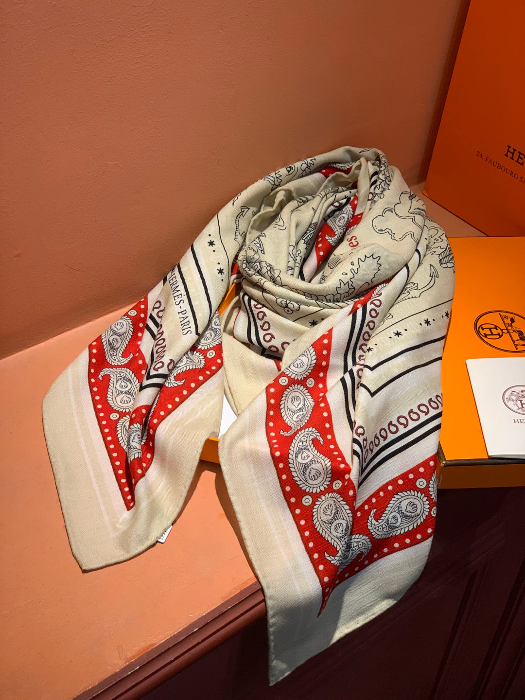 HM 25s Sailor Tattoo Scarf 140cm Red White Black Cashmere Silk 967418