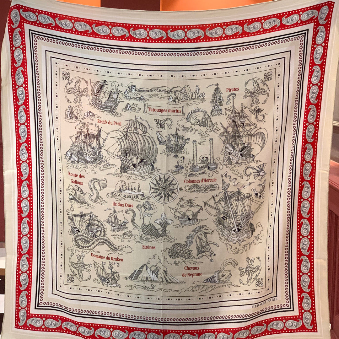 HM 25s Sailor Tattoo Scarf 140cm Red White Black Cashmere Silk 967418