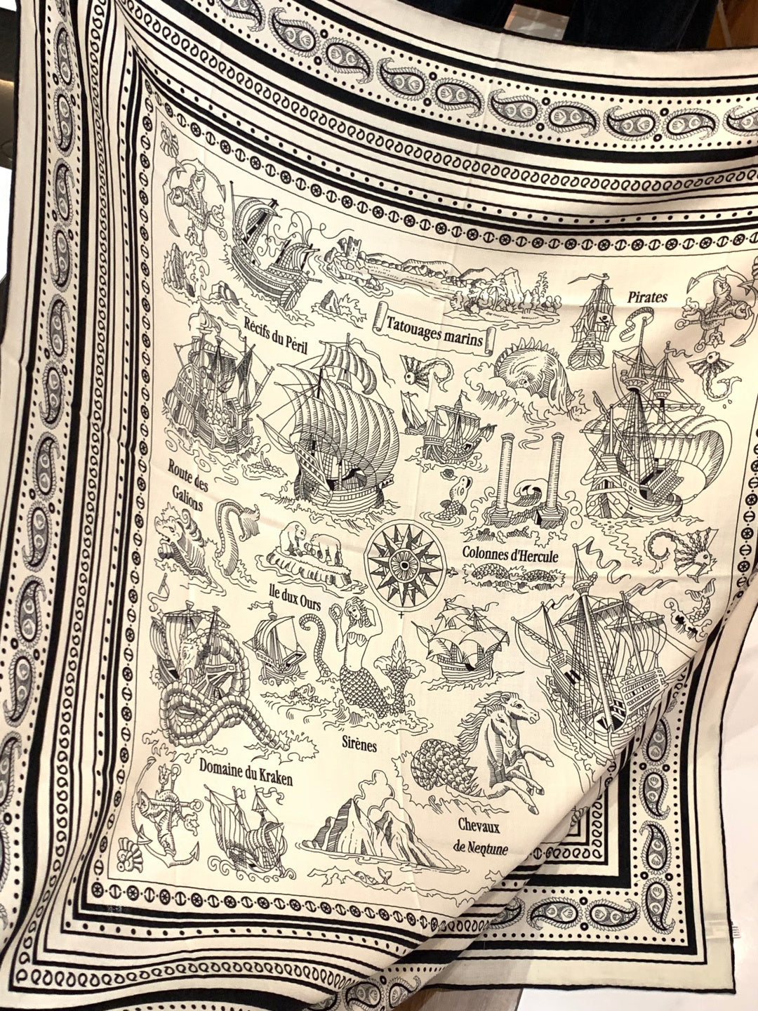 HM 25s Sailor Tattoo Scarf 140cm White Black Cashmere Silk 967419