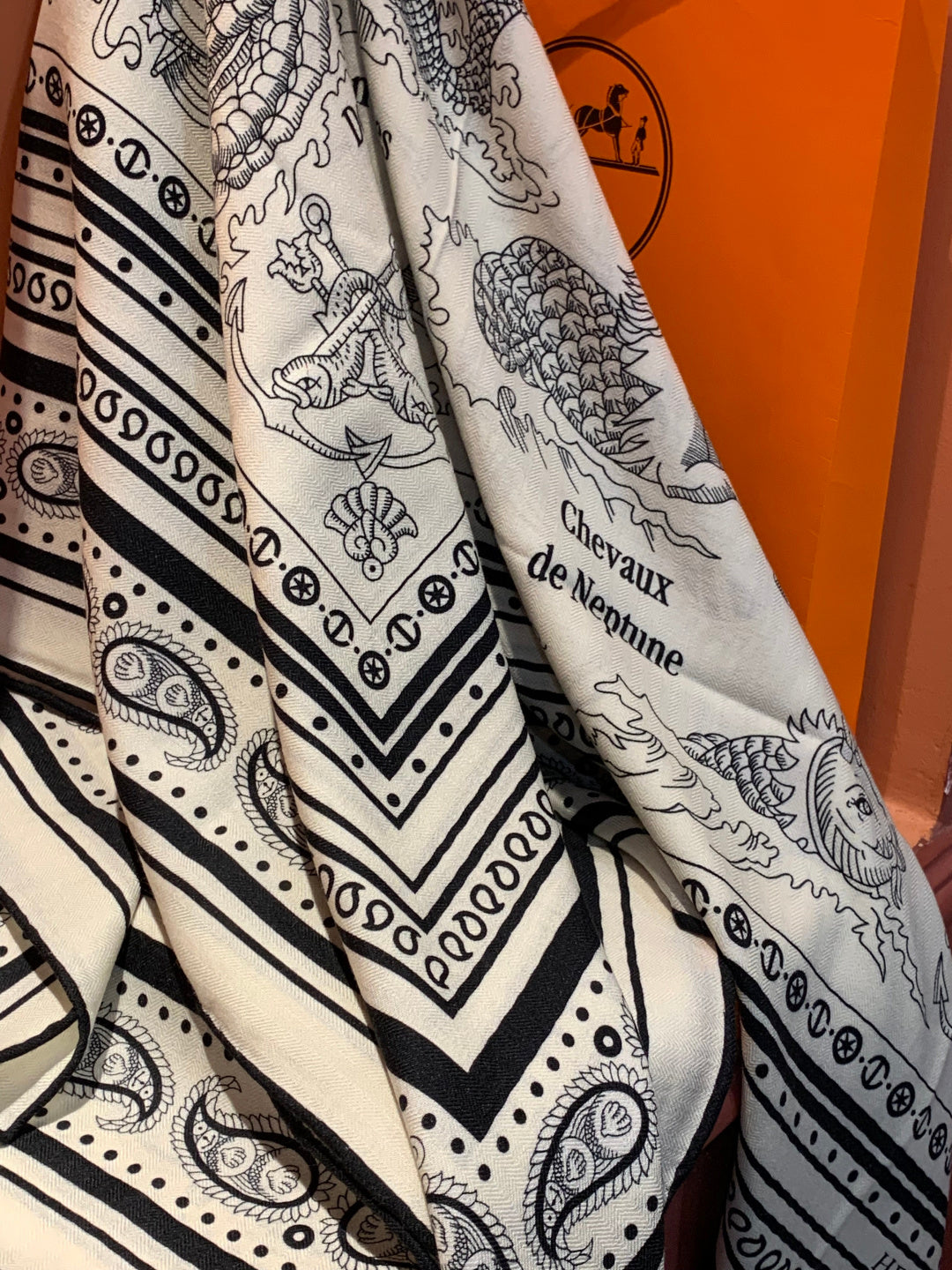 HM 25s Sailor Tattoo Scarf 140cm White Black Cashmere Silk 967419